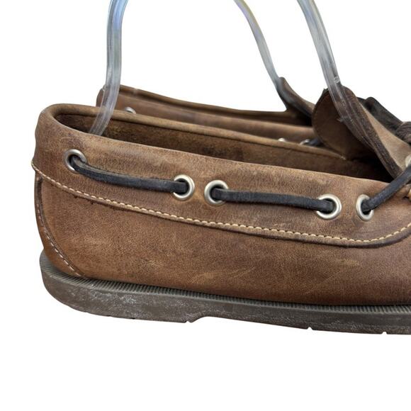 LL Bean Mens Brown Leather Slip On Boat Shoes Loafers Preppy Casual sz 8 EE Wide - Picture 12 of 16